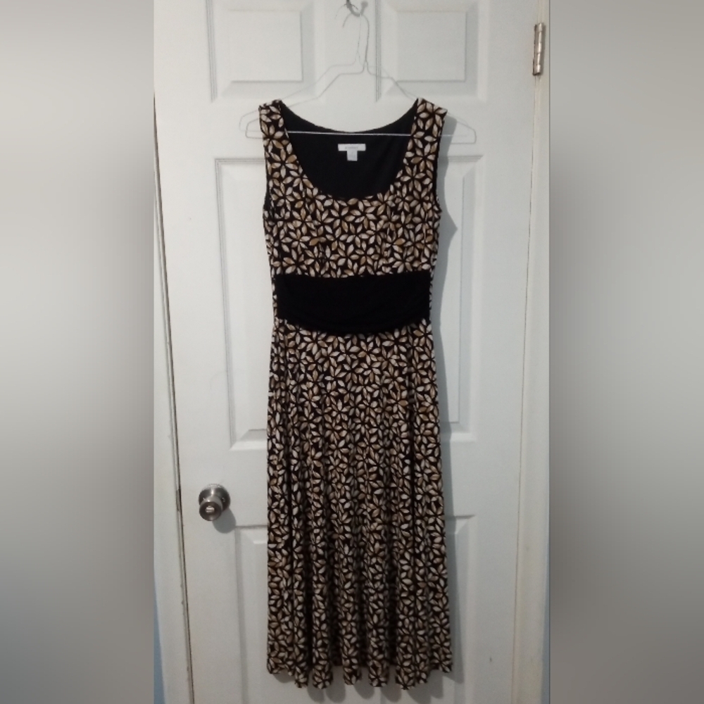 dressbarn Black and Gold Patterned Midi Dress